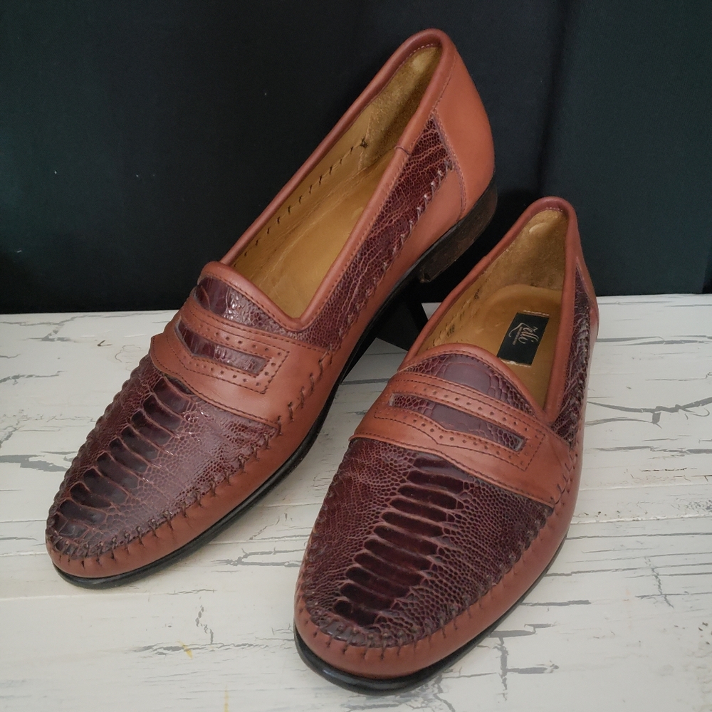 Zelli 'Milano' Ostrich Leg Penny Loafer in Dark Brown & Tan - Mens 11 N